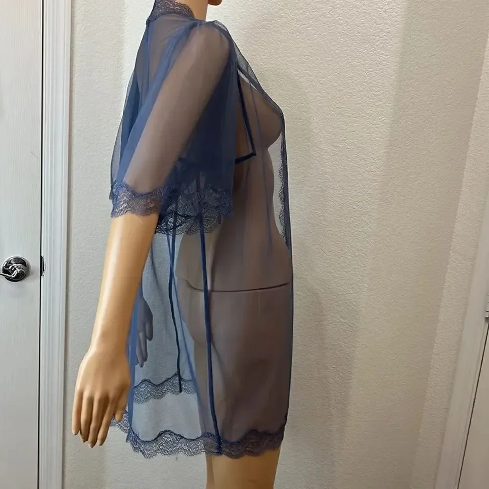 Victoria’s Secret Night Gown Sexy Intimate Robe Wrap Size XS/S Blue Sheer Lace
